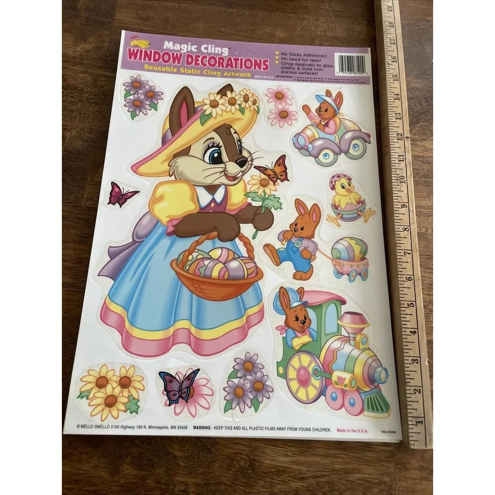 6 Easter Sprint Vinyl Window Clings Bunny Chipmunk Flowers Chick Egg Basket